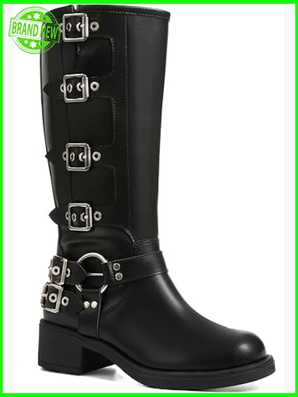 Vintage Square Toe Knee High Boots Wide Calf Chunky Heel Lace Up Buckle